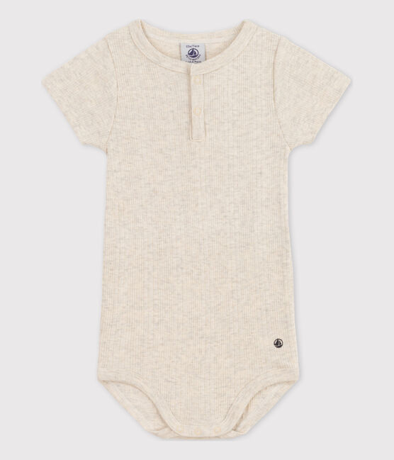 Babies' Short-Sleeved Cotton Bodysuit With Henley Neck MONTELIMAR CHINE beige