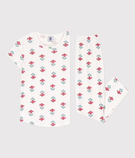 Girls' Floral Short-Sleeved Cotton Pyjamas MARSHMALLOW white/MULTICO white