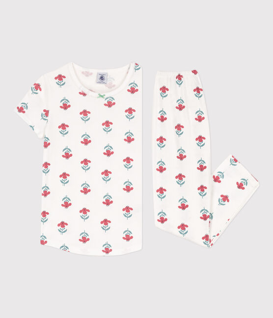 Girls' Floral Short-Sleeved Cotton Pyjamas MARSHMALLOW white/MULTICO white