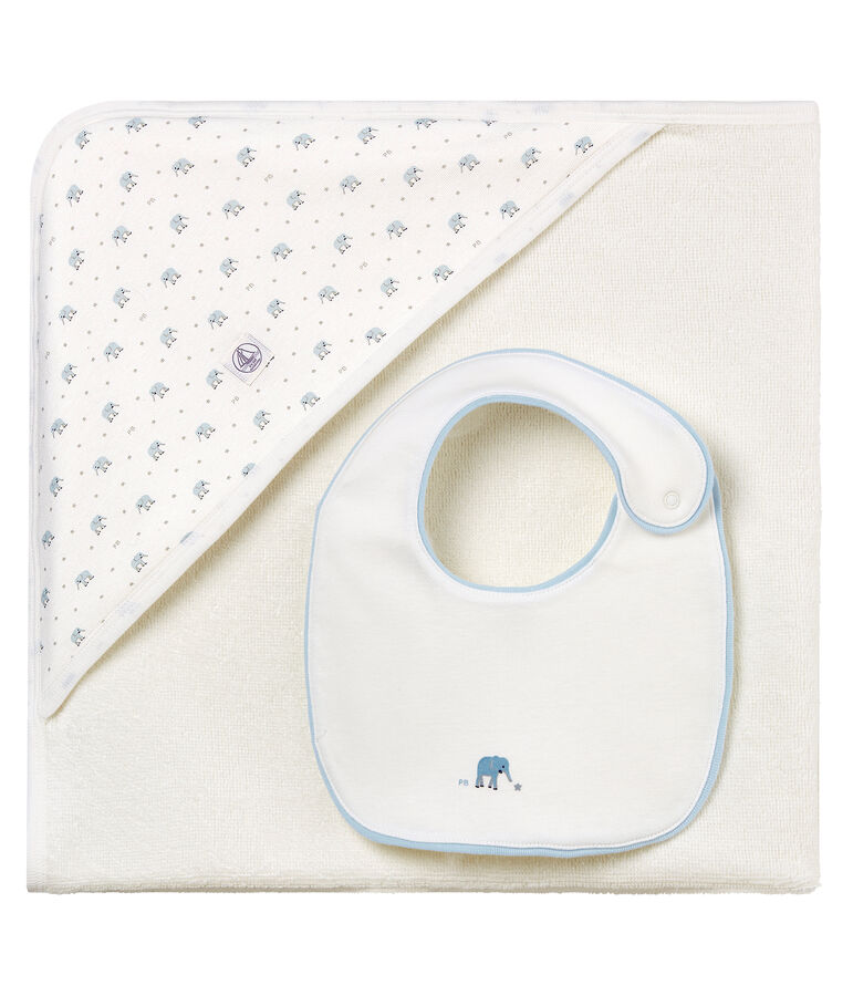 Baby boys' square bath towel and bib. multicolor