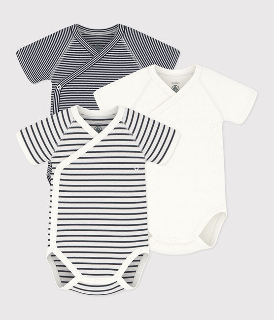PACK OF 3 SHORT-SLEEVED WRAPOVER BABY BODYSUITS IN STRIPY COTTON variante 1