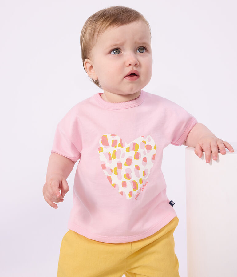 Babies' short-sleeved cotton T-shirt with a flower motif pink