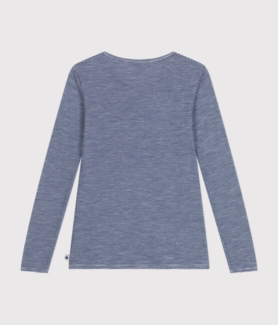 Women's long-sleeved striped wool and cotton T-shirt MEDIEVAL blue/MARSHMALLOW white