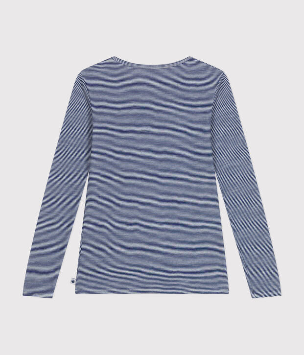 Women's long-sleeved striped wool and cotton T-shirt blue/white