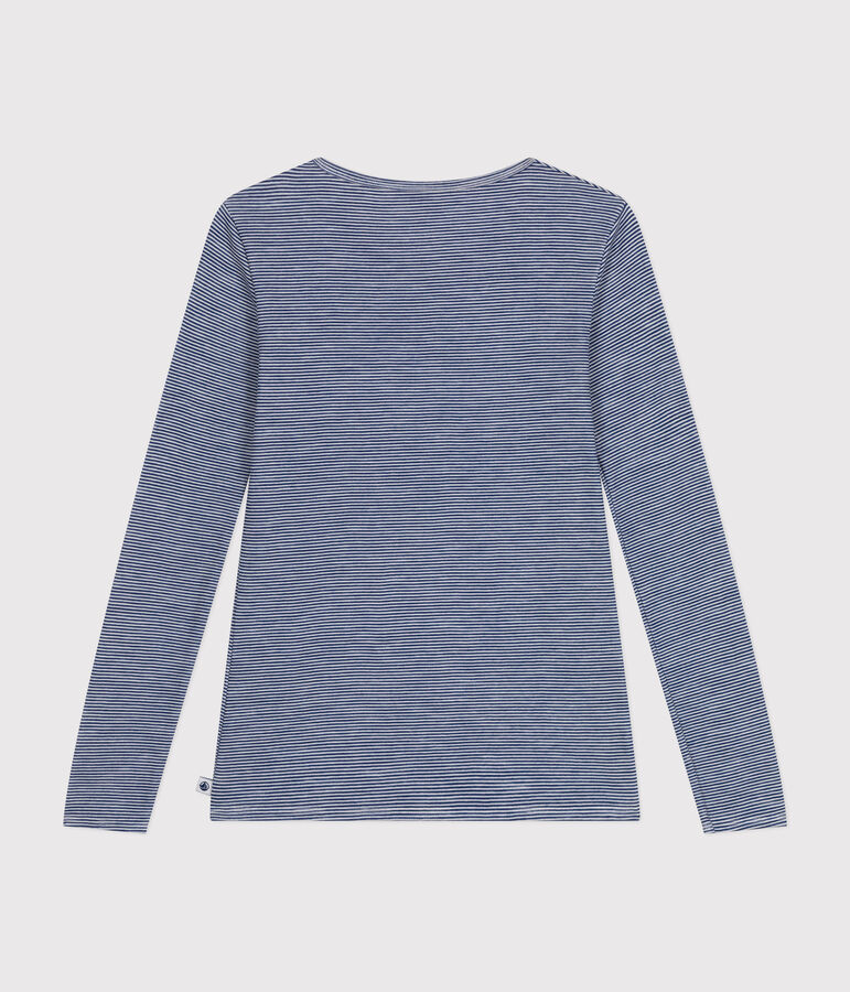 Women's long-sleeved striped wool and cotton T-shirt blue/white
