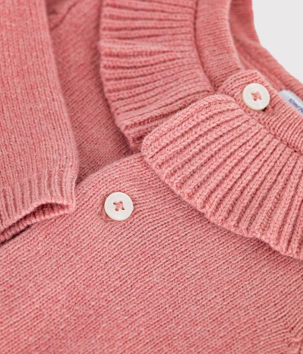 Babies' plain wool and cotton knit cardigan with a collar pink