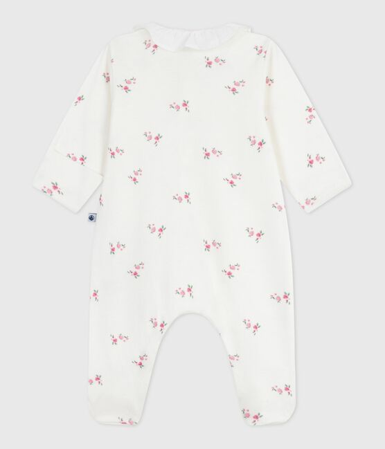Babies' floral cotton pyjama suit with a collar MARSHMALLOW white/MULTICO white