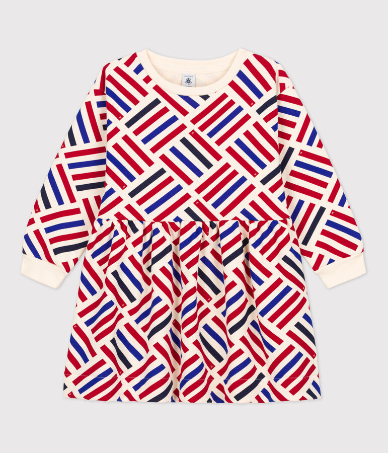 Girls' Long-Sleeved Patterned Fleece Dress Ecru/multicolor