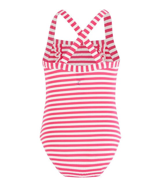 Stripy one-piece swimsuit with ruffle details. GEISHA pink/MARSHMALLOW white
