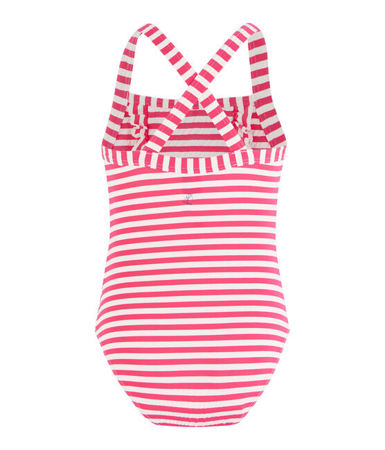 Stripy one-piece swimsuit with ruffle details. GEISHA pink/MARSHMALLOW white
