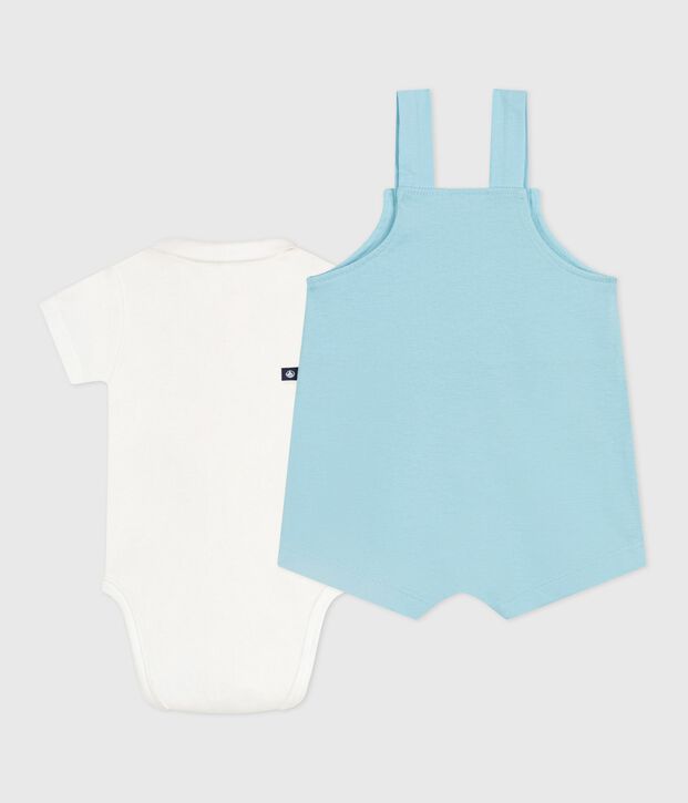 Newborn baby set with sun print cotton dungarees and a body blue