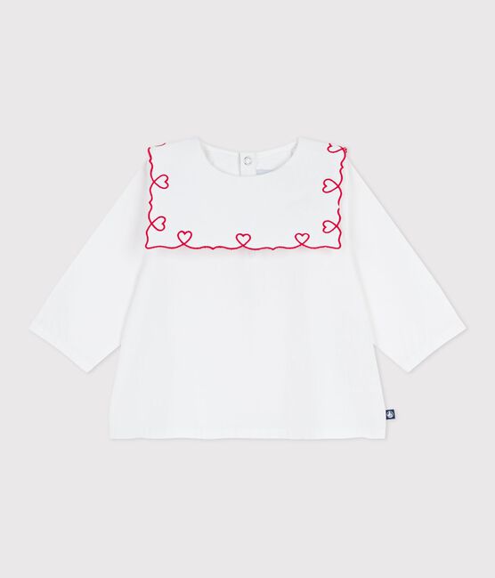 Babies' long-sleeved cotton poplin blouse with embroidered hearts ECUME white