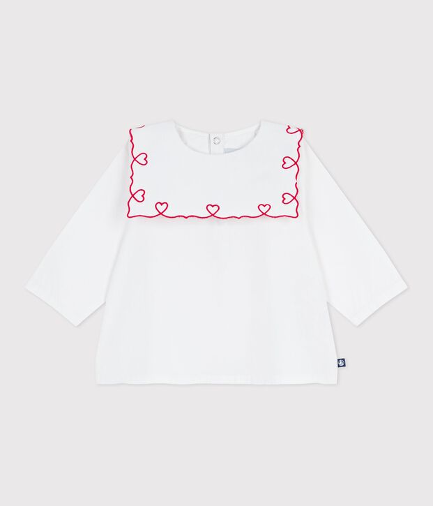 Babies' long-sleeved cotton poplin blouse with embroidered hearts white