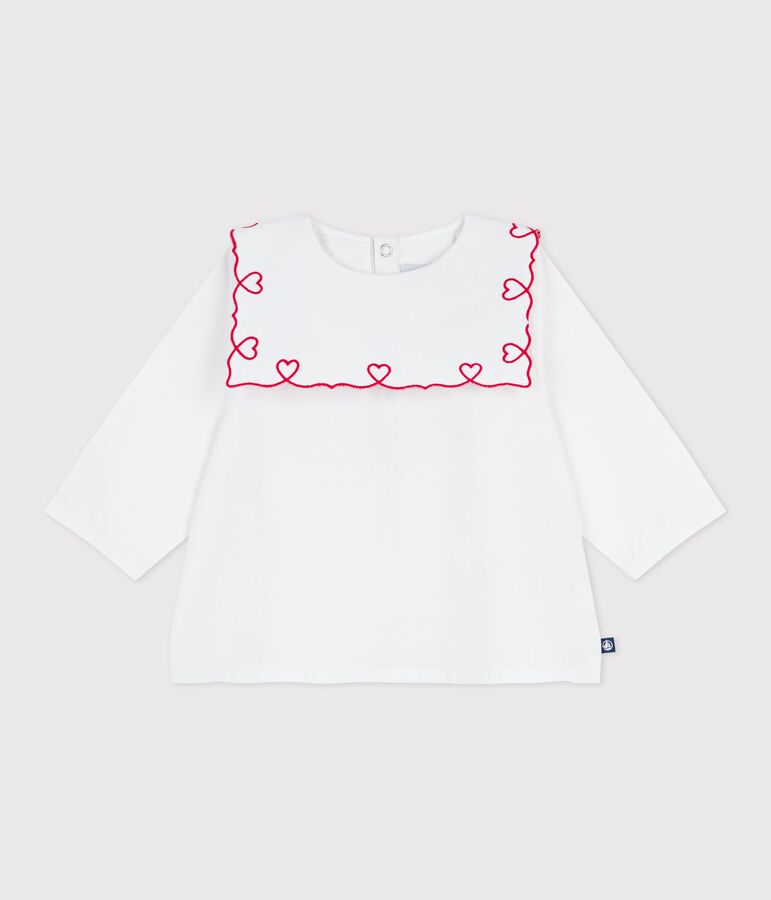 Babies' long-sleeved cotton poplin blouse with embroidered hearts white