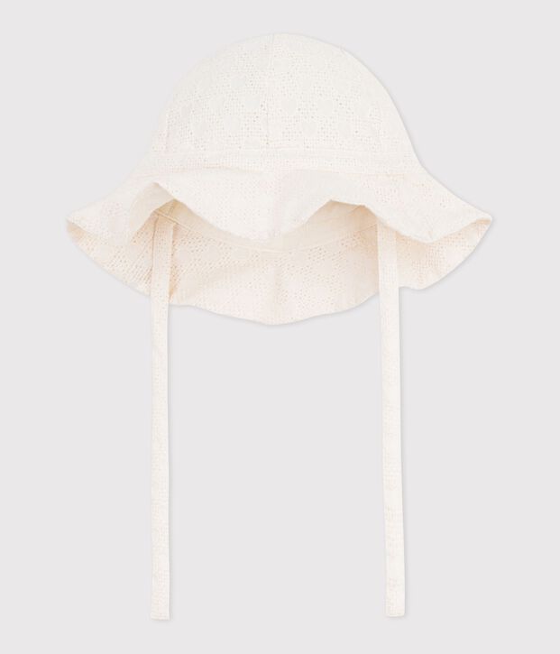 Baby girls' wide brimmed floppy sun hat in poplin and broderie anglaise white
