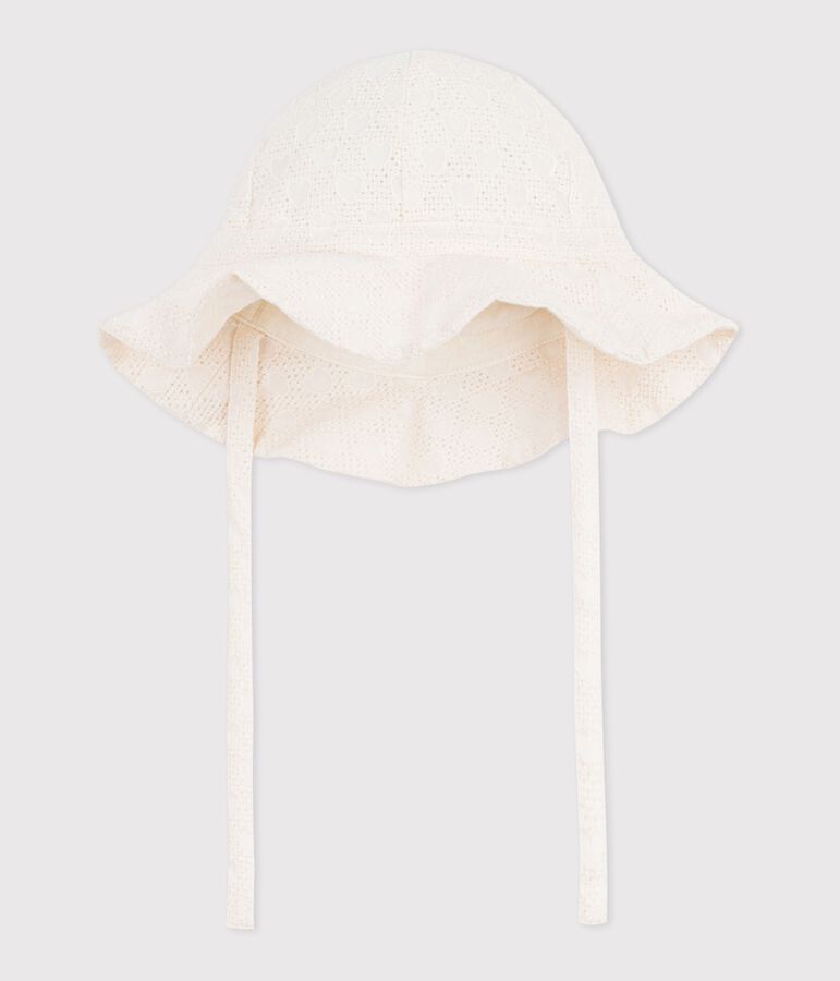 Baby girls' wide brimmed floppy sun hat in poplin and broderie anglaise white