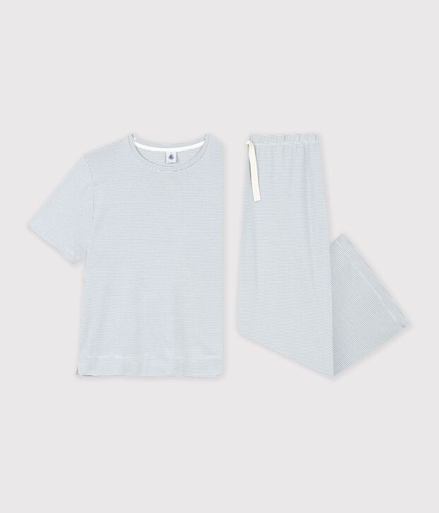 Women's wide-leg stripy cotton pyjamas grey/white