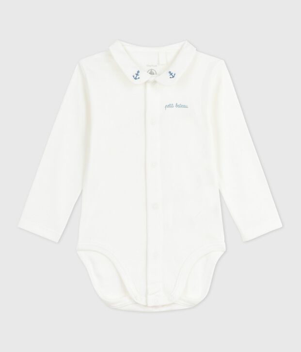 Babies' body with an embroidered collar and a message on the chest white/blue