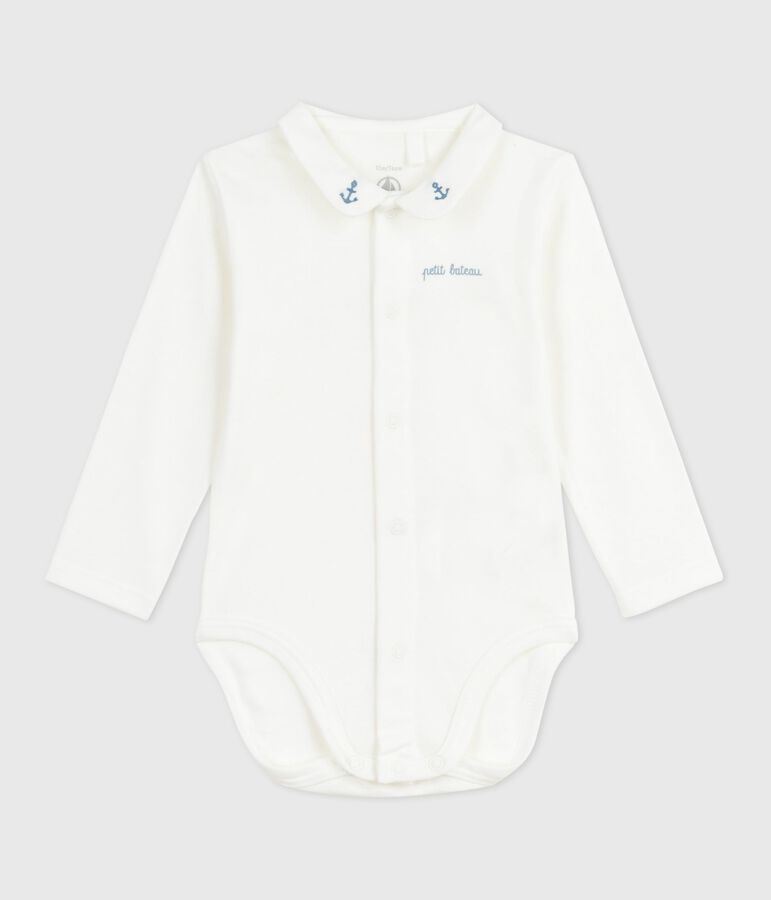 Babies' body with an embroidered collar and a message on the chest white/blue