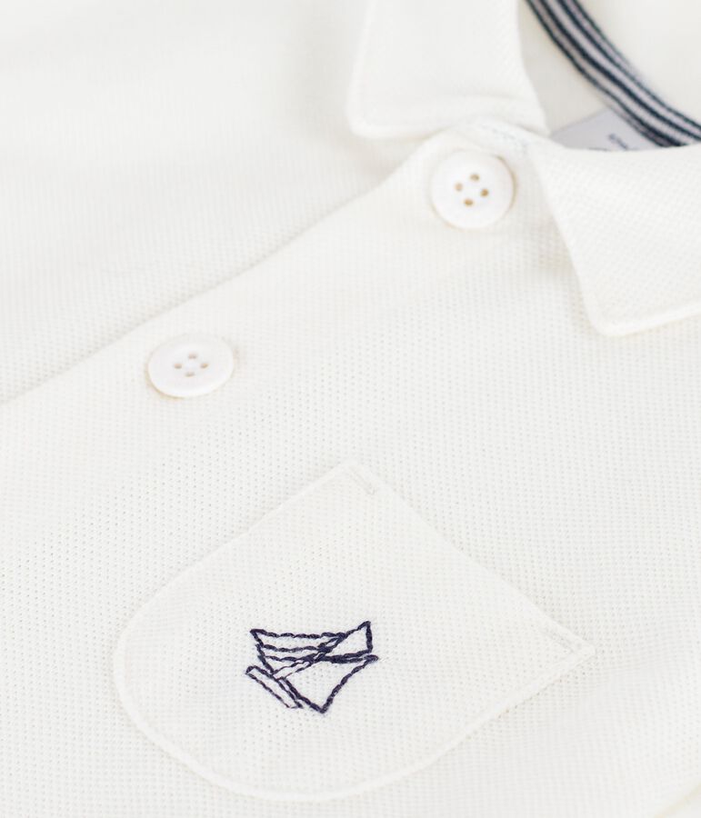 Babies' short plain cotton jumpsuit with a polo collar MARSHMALLOW white