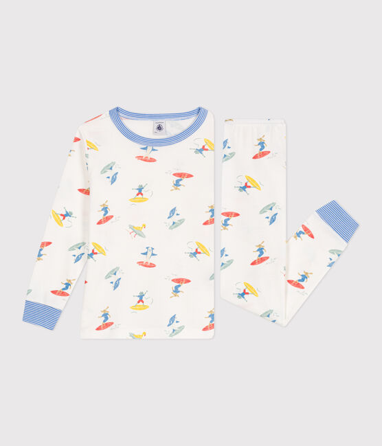 Children's long-sleeved surfer print cotton pyjamas MARSHMALLOW white/MULTICO white