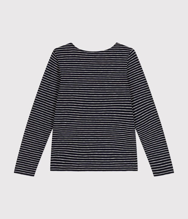 Women's Straight long-sleeved scoop neck T-shirt in slub jersey. blue/beige