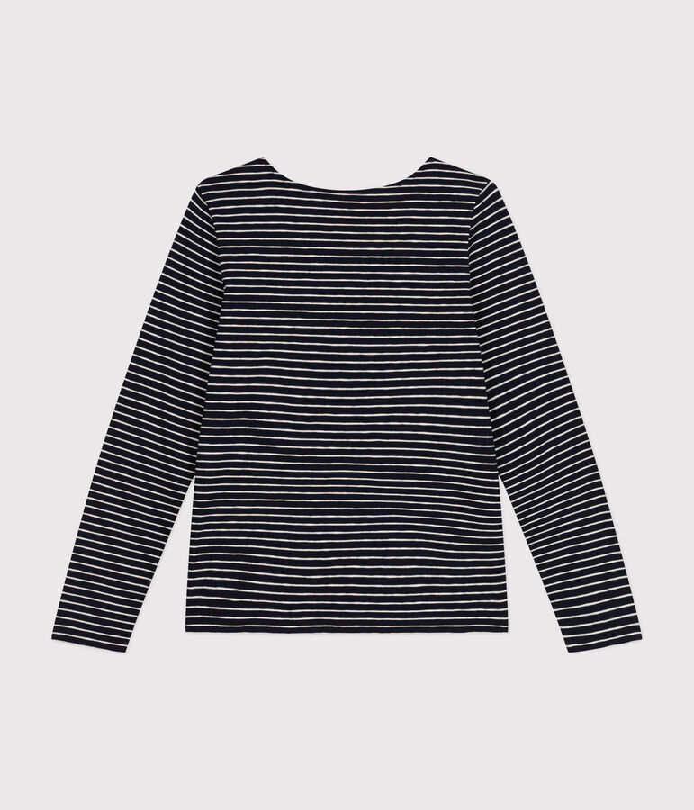 Women's Straight long-sleeved scoop neck T-shirt in slub jersey. blue/beige