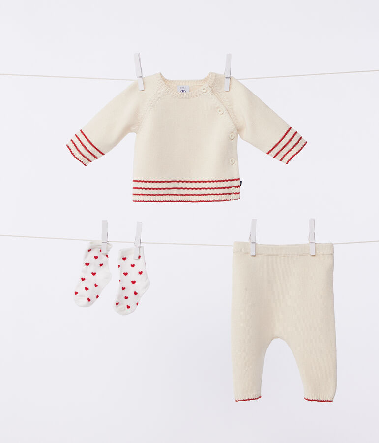 Babies' two-piece cotton jacquard knit set Ecru/red