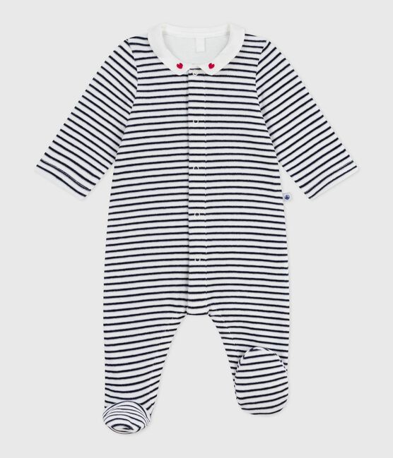 Babies' printed velour pyjama suit with a collar MARSHMALLOW white/SMOKING blue