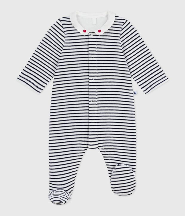 Babies' printed velour pyjama suit with a collar white/blue