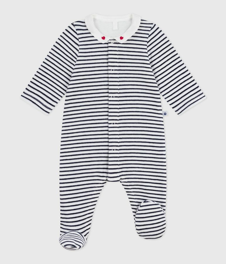 Babies' printed velour pyjama suit with a collar white/blue