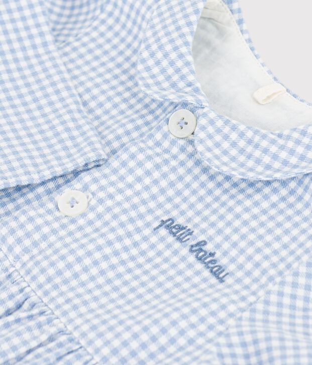 Babies' short cotton jumpsuit with a gingham collar blue/white