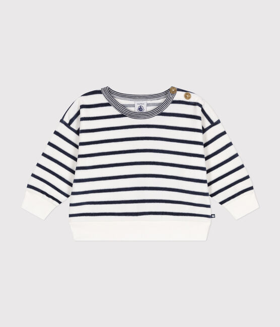 Babies' terry velour sweatshirt MARSHMALLOW white/SMOKING blue