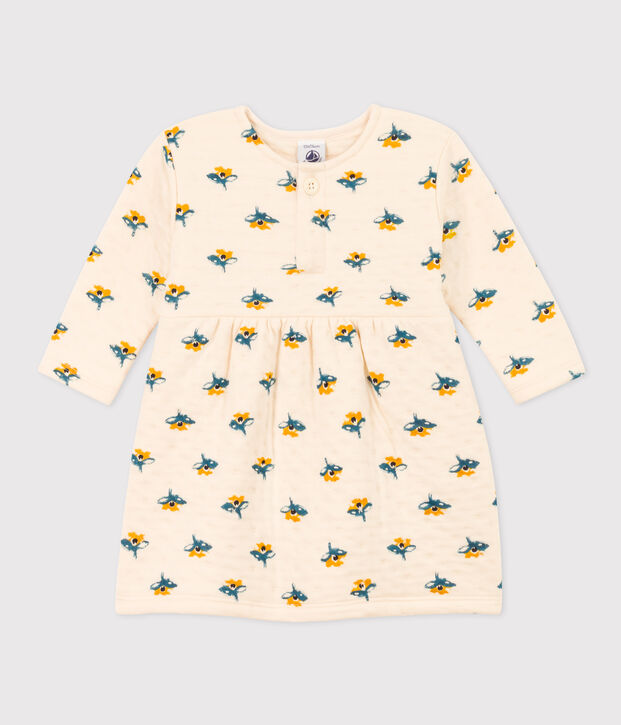 Babies' Long-Sleeved Patterned Quilted Tube Knit Dress Ecru/multicolor