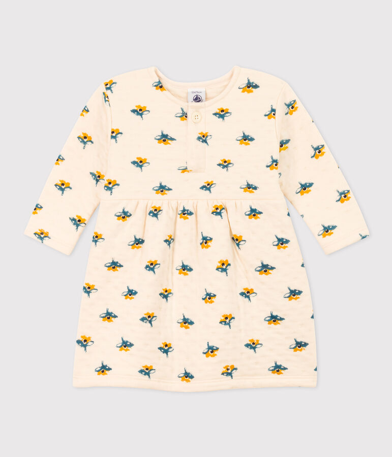 Babies' Long-Sleeved Patterned Quilted Tube Knit Dress Ecru/multicolor