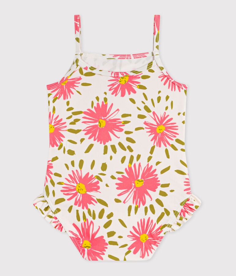 Babies' one-piece swimsuit with ruffles and a flower print. white/multicolor