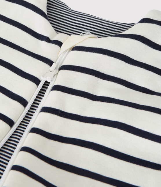 BABIES' STRIPY REVERSIBLE RIB KNIT COTTON TOG 2-RATED SLEEPING BAG COQUILLE beige/ABYSSE blue