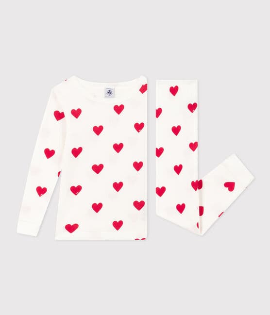 Girls' Snugfit Heart Patterned Cotton Pyjamas MARSHMALLOW white/TERKUIT red