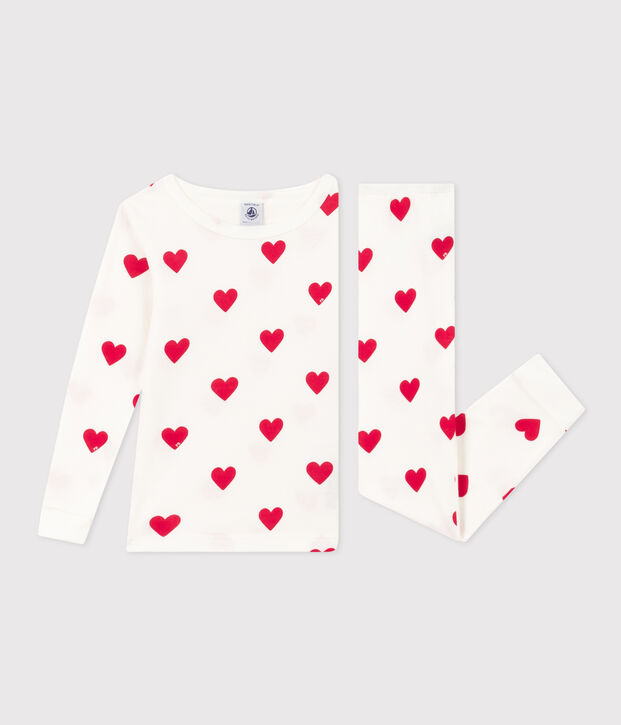 Girls' Snugfit Heart Patterned Cotton Pyjamas white/red
