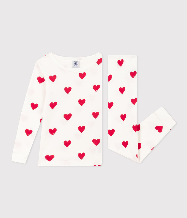 Girls' Snugfit Heart Patterned Cotton Pyjamas MARSHMALLOW white/TERKUIT red