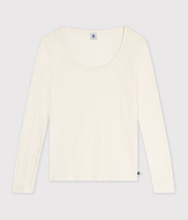 Women's plain wool and cotton t-shirt with wide boat neck MILK