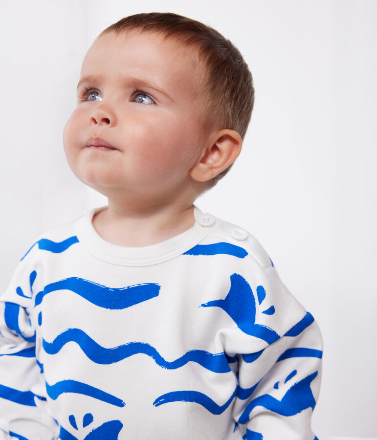 Babies' cotton sweatshirt with a shark print white/blue