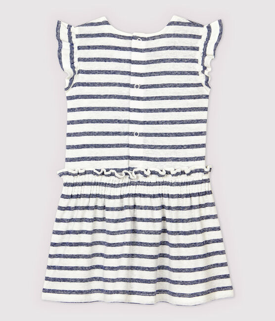 Baby Girls' Stripy Cotton and Linen Blend Short-Sleeved Dress MARSHMALLOW white/MEDIEVAL blue