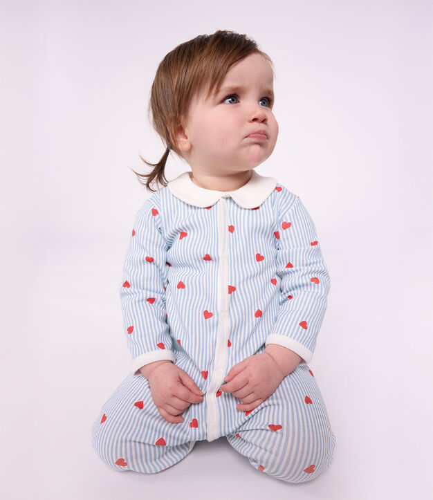 Babies' heart-print cotton pyjama suit with a collar white/multicolor