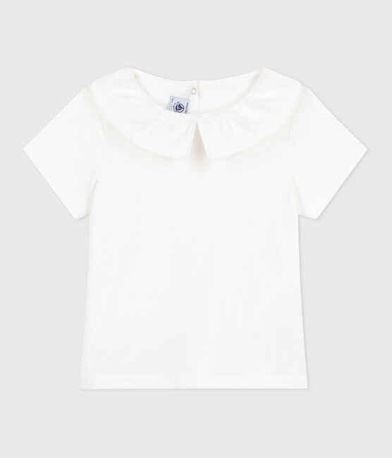 Children's plain short-sleeved cotton T-shirt with a collar MARSHMALLOW white