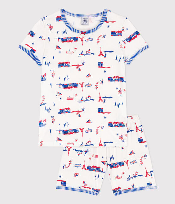 Girls' Paris Themed Cotton Short Pyjamas MARSHMALLOW white/MULTICO white