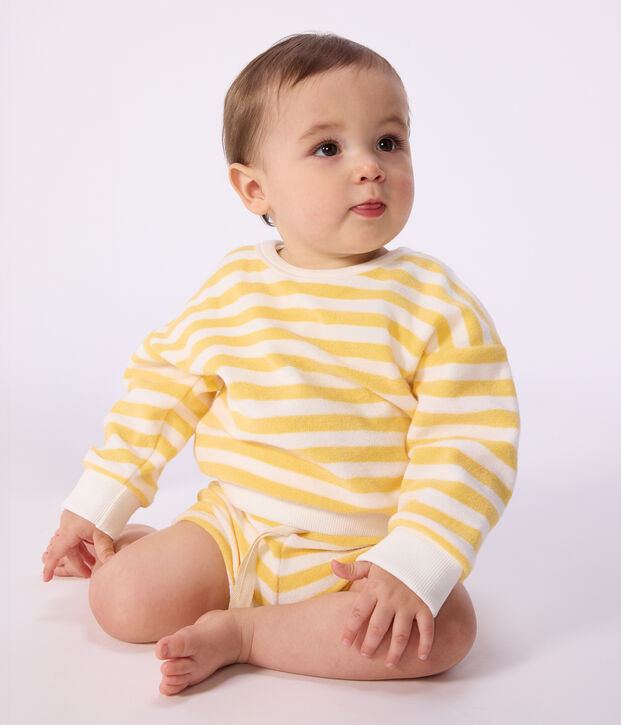 Babies' stripy cotton sweatshirt yellow/white