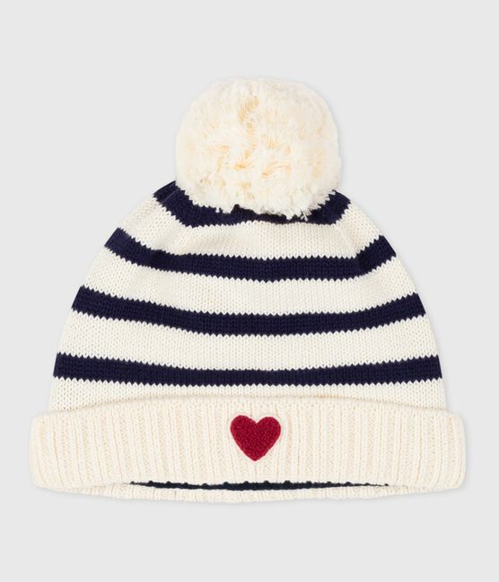 Babies' stripy knitted beanie with a fleece lining MARSHMALLOW blue/SOIR