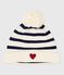 Babies' stripy knitted beanie with a fleece lining MARSHMALLOW blue/SOIR