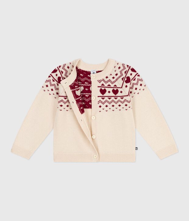 Children's cotton and wool patterned jacquard cardigan Ecru/red